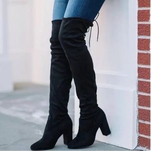 Forever Link Women's Stacked Chunky Heel Stretch Thigh High Pull On Boot,